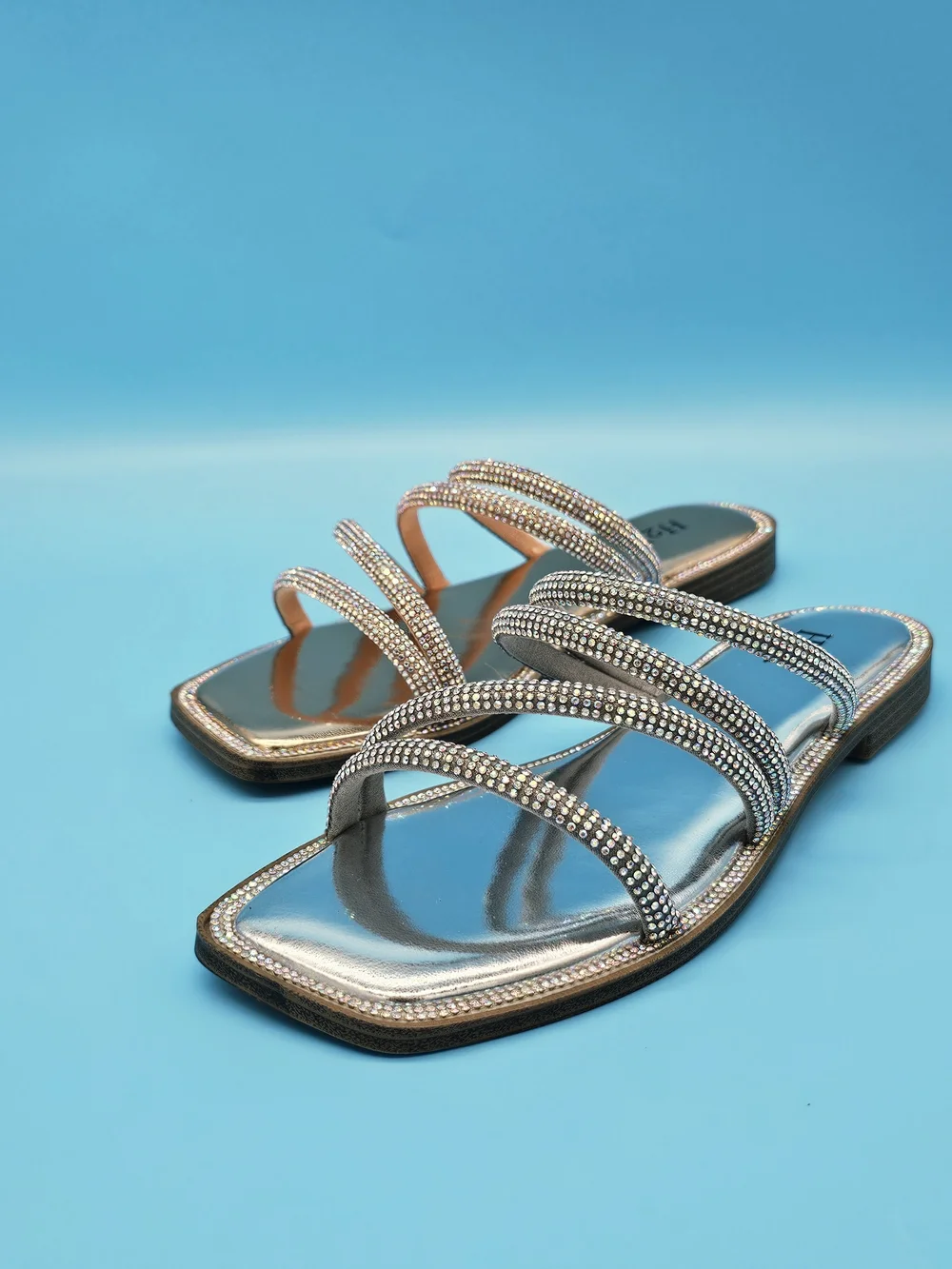 Women's Metallic Rhinestone Strap Slide Sandals - Rose Gold